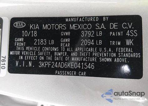 2019 Kia Forte Lxs from USA, damaged, VIN 3KPF24AD6KE041546